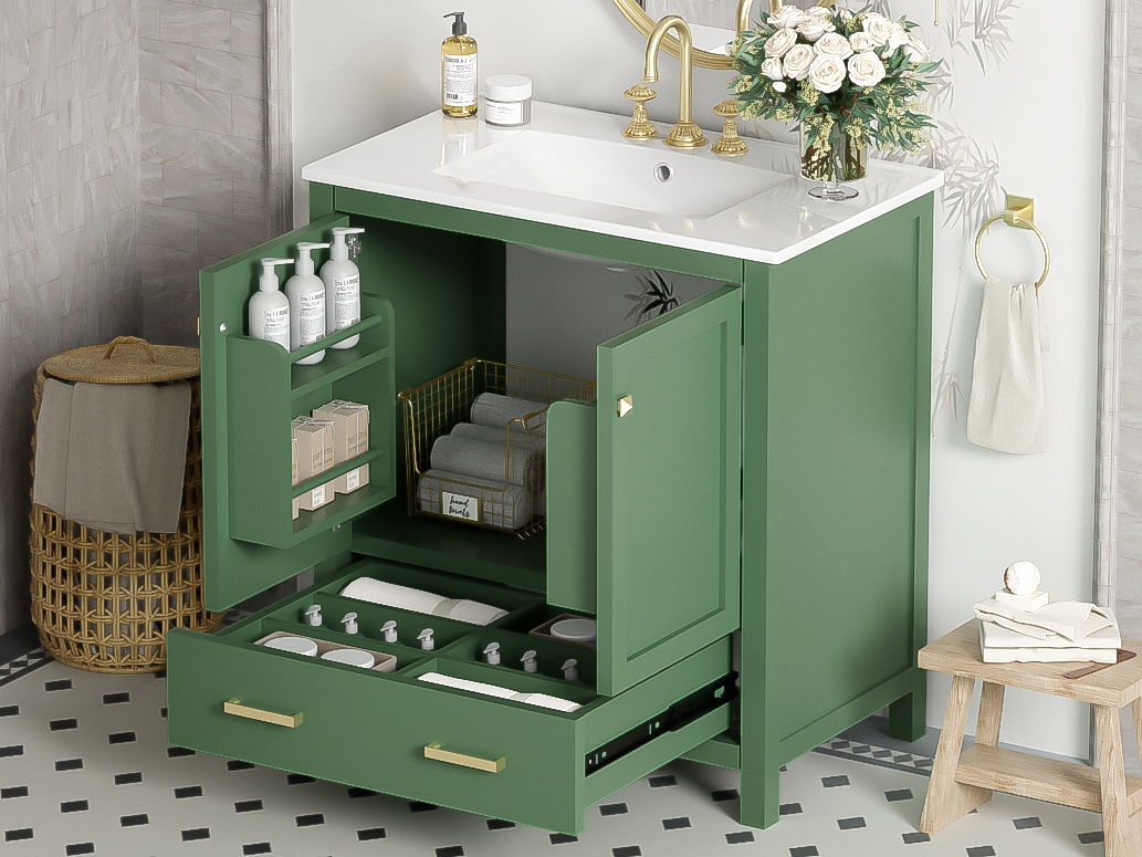 Bathroom Vanity With Single Sink, Combination Under Counter Sink, Bathroom Storage Cabinet With 2 Doors And A Drawer, Soft Closure, Multifunctional Storage - Green