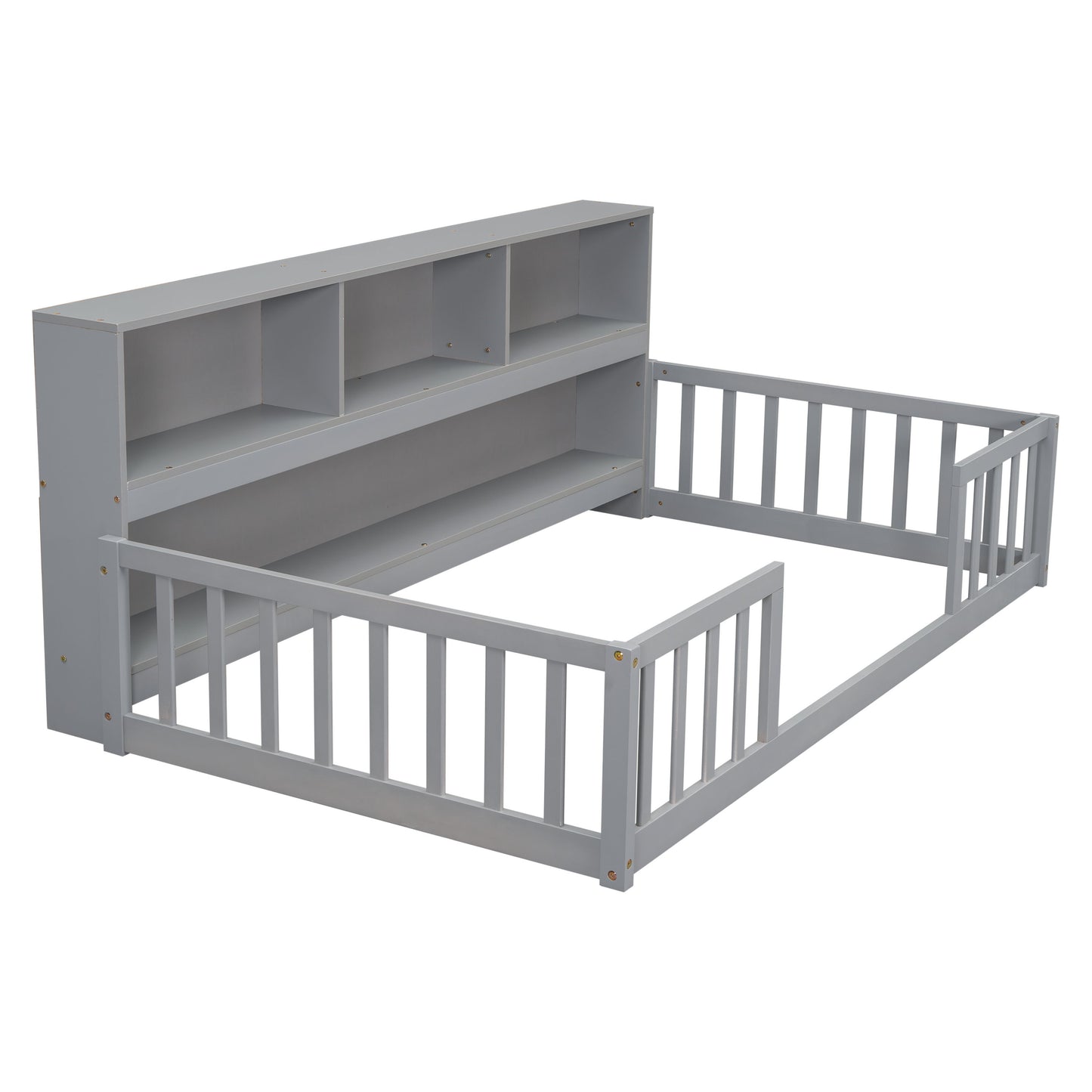 Twin Floor Bed With Bedside Bookcase, Shelves, Guardrails - Gray