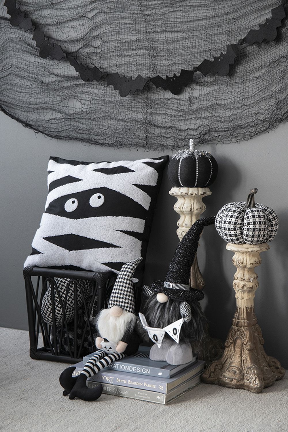 Plaid Pumpkin Decor, For Holiday Halloween Decoration (Set of 2) - Black / White