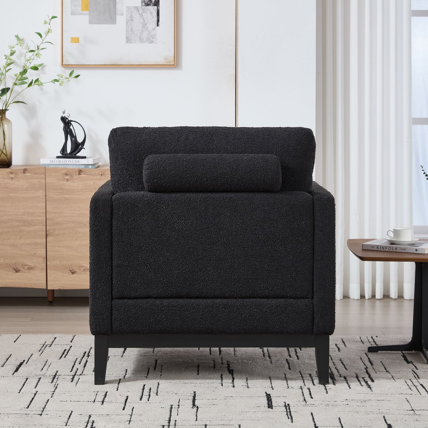 Wide Modern Farmhouse Performance Accent Chair With Black Legs, Wood Base Reading Armchair Single Sofa With 2 Bolster Pillows For Living Room Offices And Lounge - Black