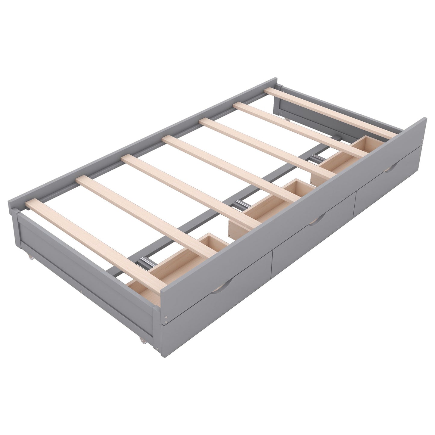 Twin Size LED Platform Bed With Trundle With Storage Headboard With Drawers - Gray
