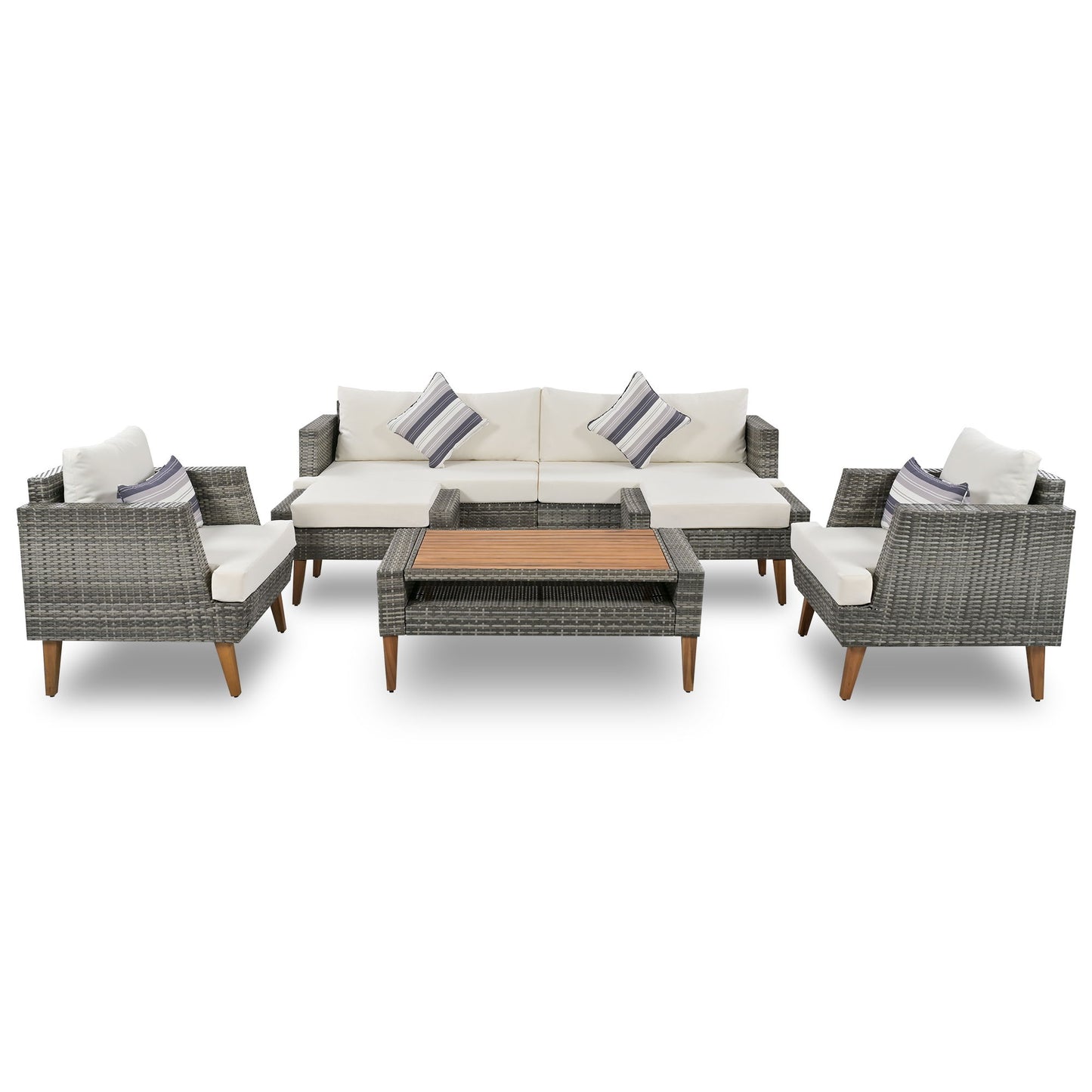 6 Pieces All Weather Sofa Set, Outdoor Rattan Sofa With Double Cushions, Wood Legs Wood Table Top - Beige / Gray