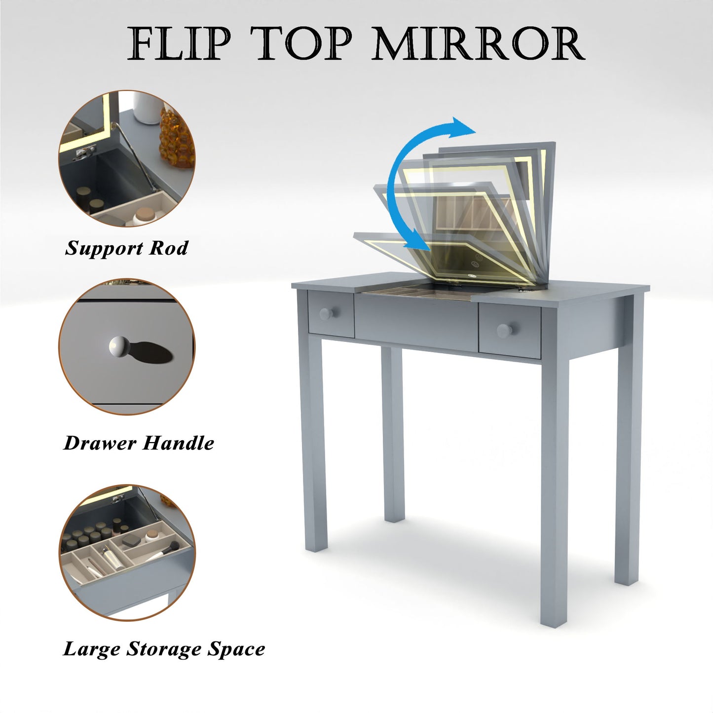 Vanity Table With LED Lights, Flip-Top Mirror And 2 Drawers, Jewelry Storage - Sleek Gray