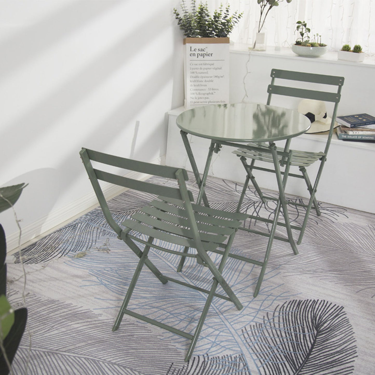 3 Piece Patio Bistro Set Of Foldable Round Table And Chairs - Dark Green