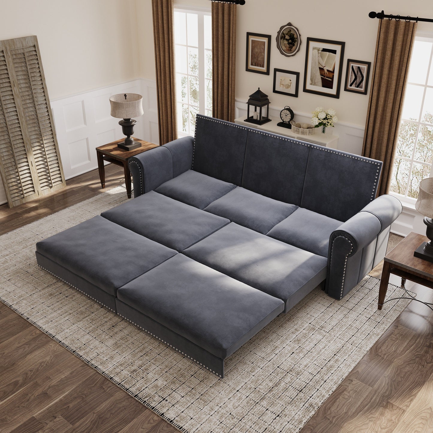 King Pull Out Sofa Bed, Chesterfield Sofa, 3 In 1 Velvet Convertible Sleeper Sofa With Nailhead Trim & Rolled Arm Multifunctional Sofa Bed For Living Room - Gray