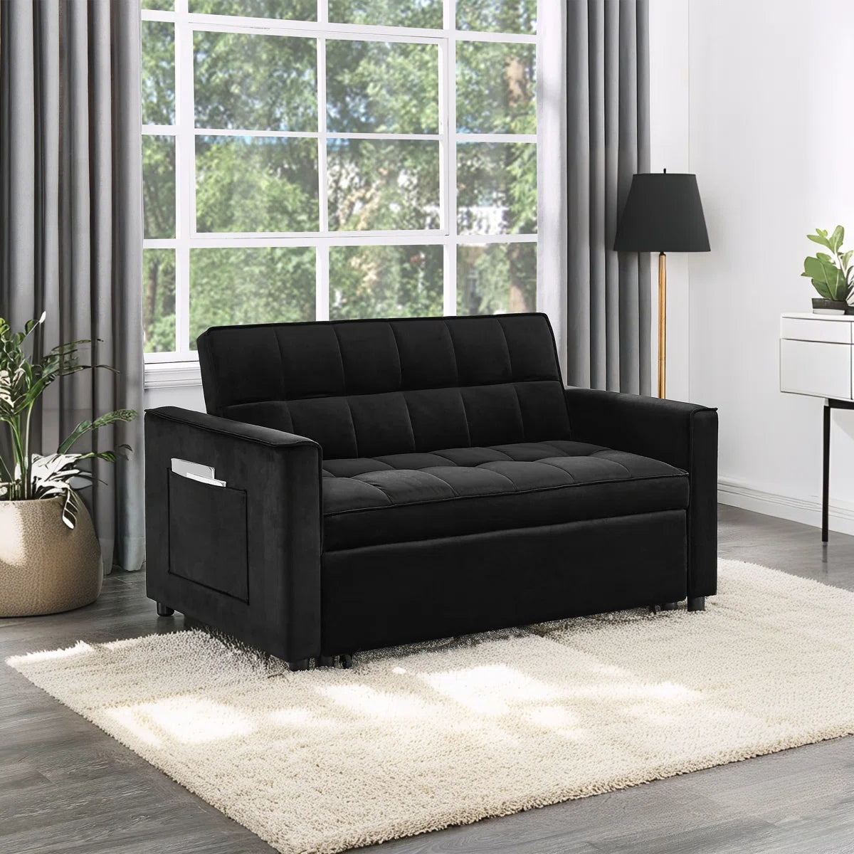 Maeve - Velvet Convertible Sleeper Loveseat With Tufting and Side Pocket - Black