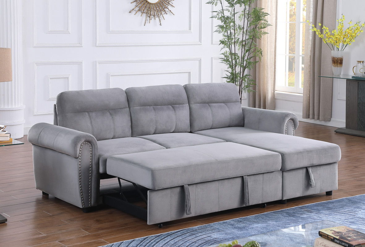 Ashton - Velvet Fabric Reversible Sleeper Sectional Sofa Chaise - Gray