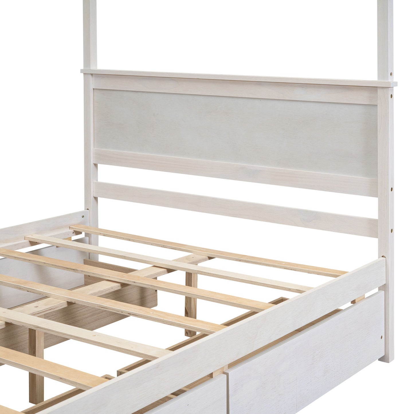 Full Size Canopy Platform Bed With 4 Drawers And Support Slats, No Box Spring Needed - Brushed White
