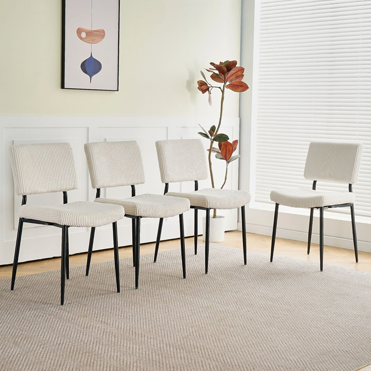Modern Fabric Upholstered Dining Chair With Black Metal Legs (Set of 4) - Beige