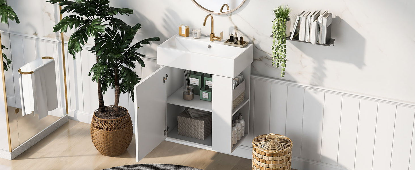 Modern Floating Bathroom Vanity With Ceramic Basin Perfect For Small Bathrooms, Right Side Storage - White