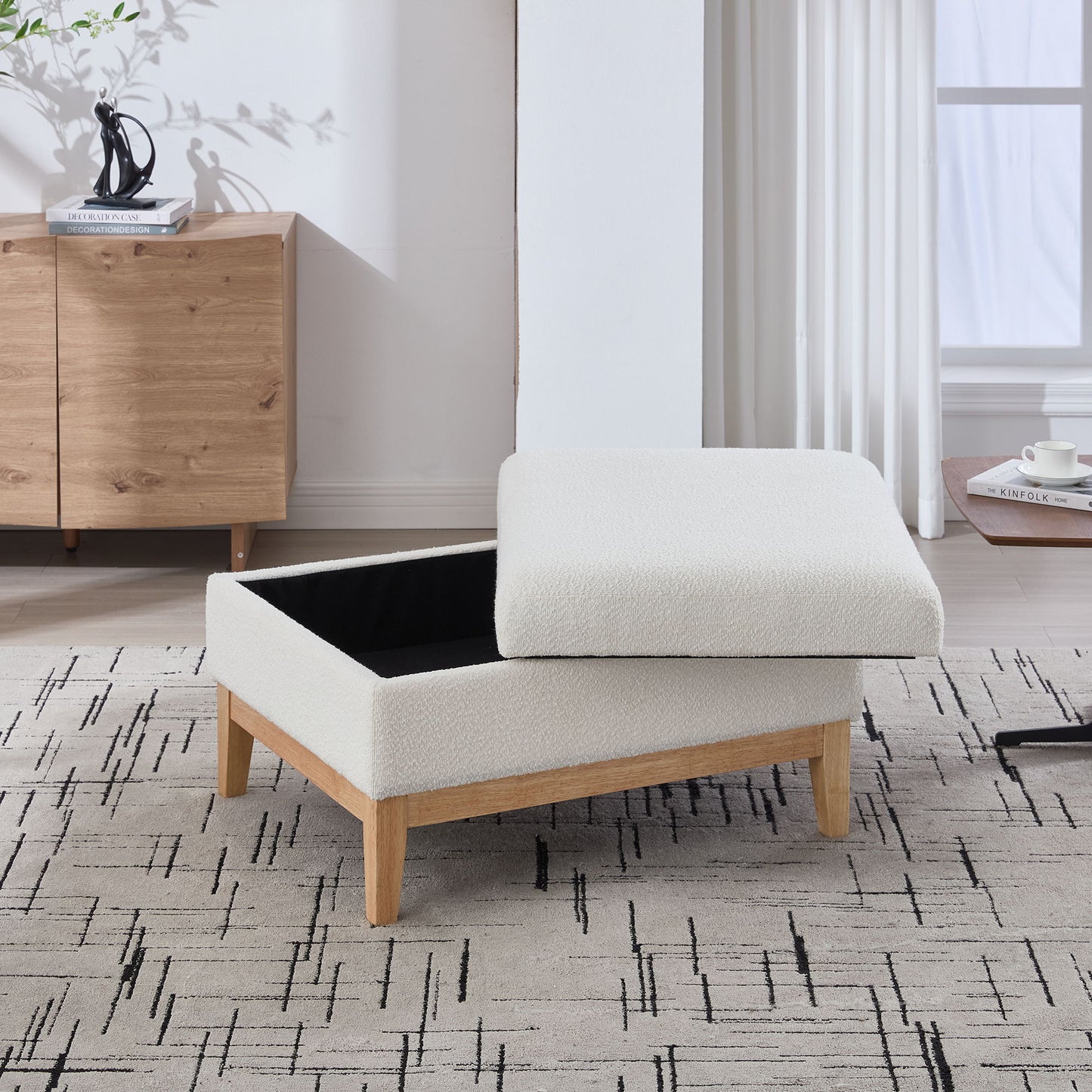 Upholstered Storage Ottoman With Reversible Lid Coffee Table, Foot Stool Square Footrest With Rubberwood Legs For Living Room Bedroom Entryway And Office - Ivory
