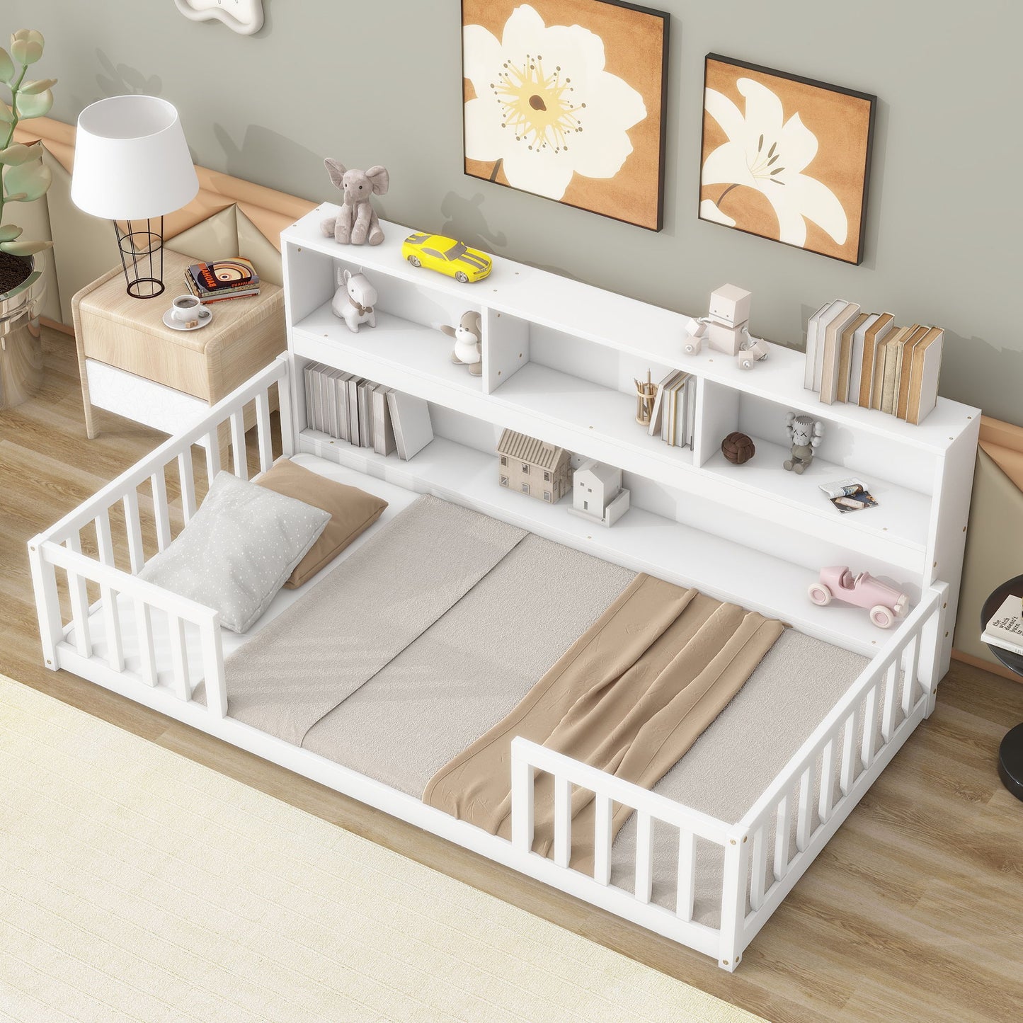 Twin Floor Bed With Bedside Bookcase, Shelves, Guardrails - White
