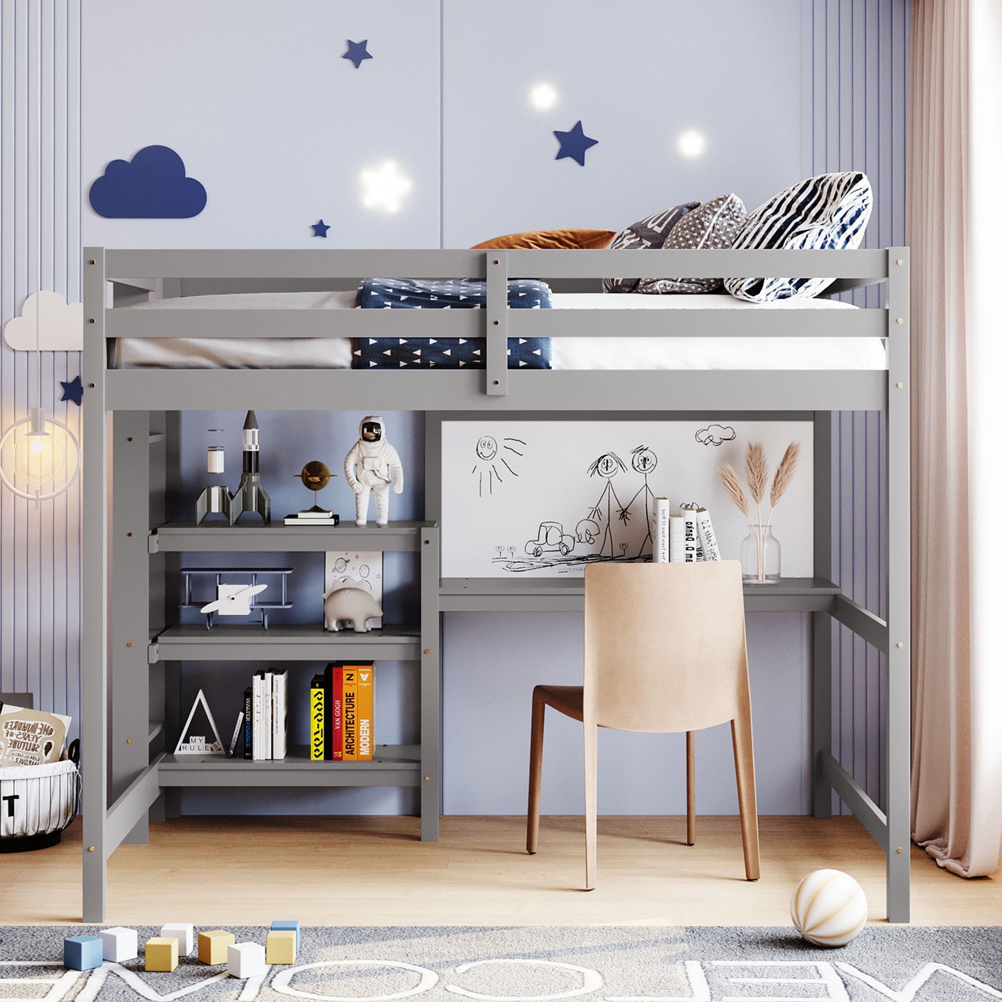 Full Size Loft Bed With Shelves, Desk And Writing Board - Gray