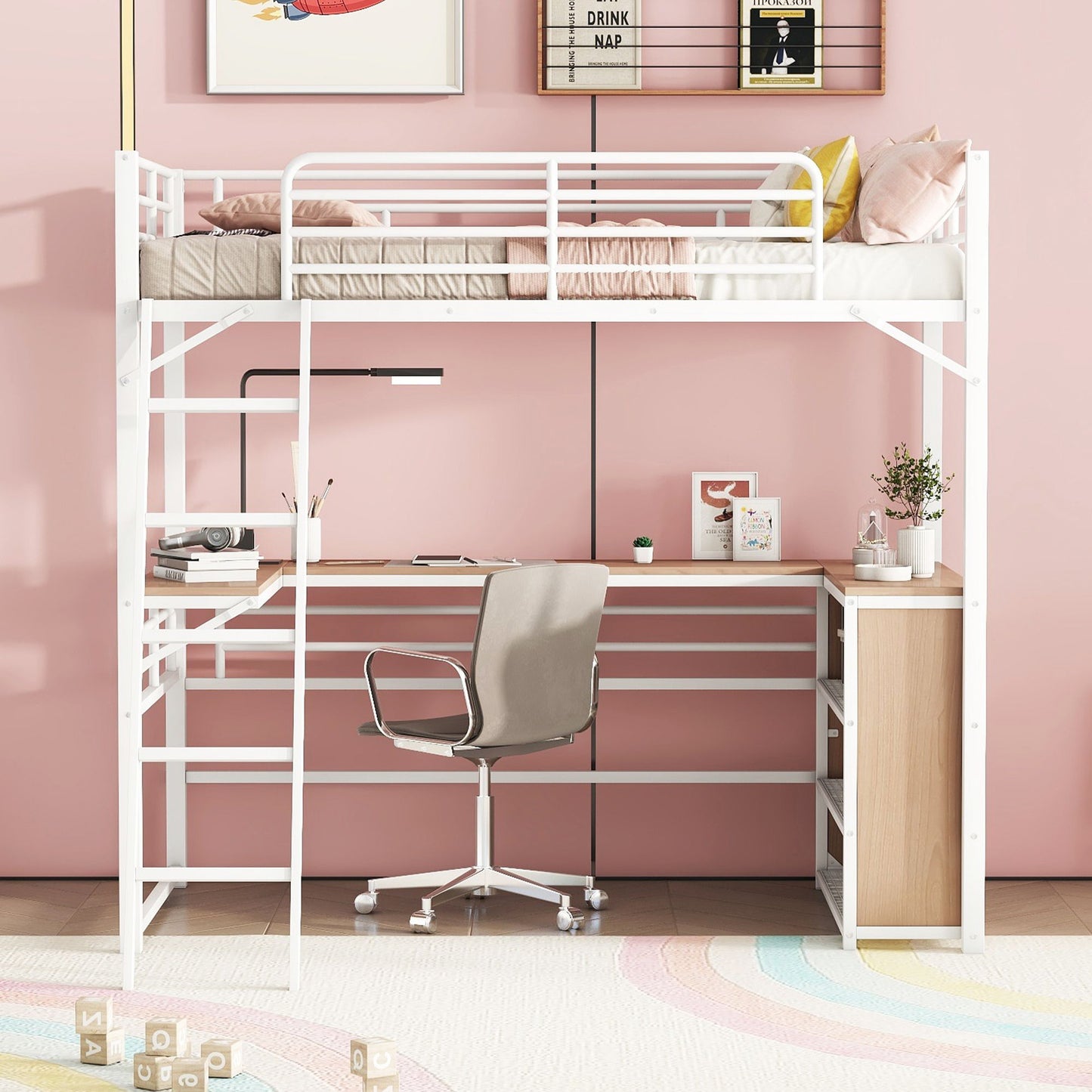 Twin Size Loft Bed With 3 Layers Of Shelves And L-Shaped Desk - White