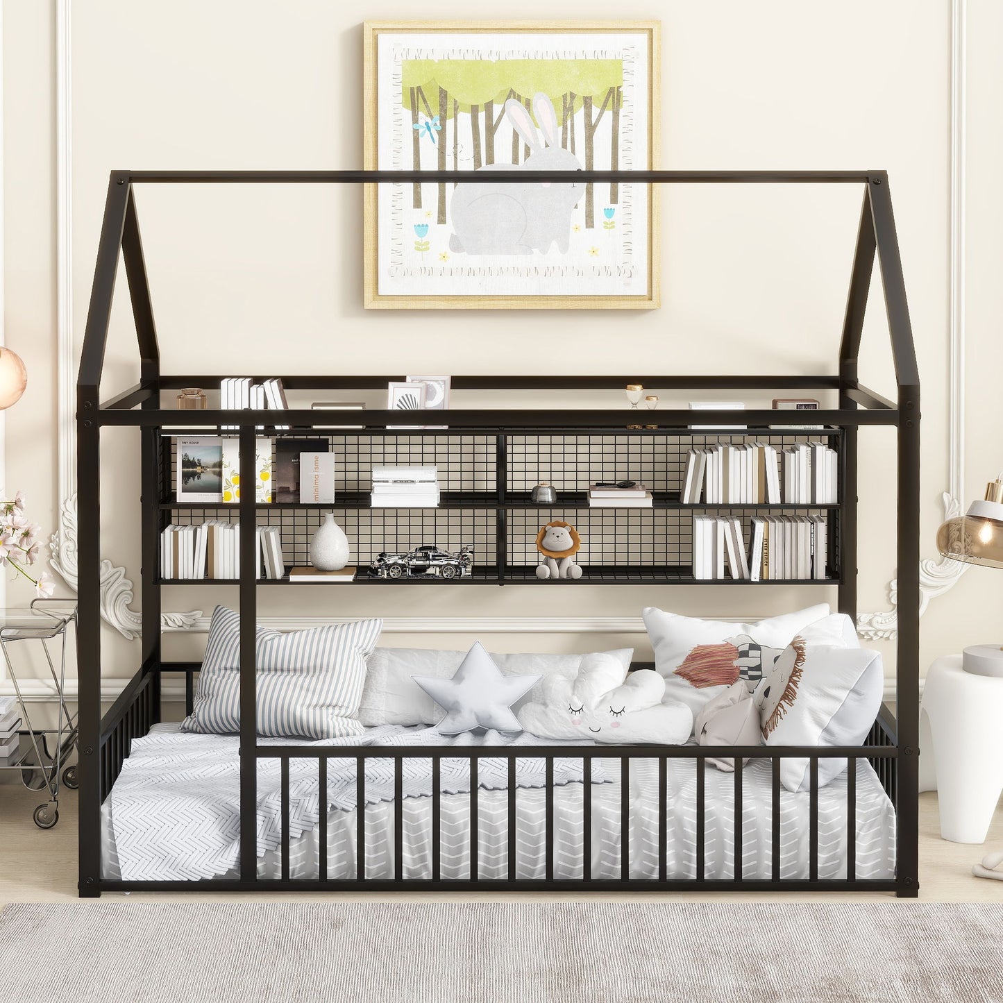 Twin Size Bed House Frame With Fence And Shelves - Black