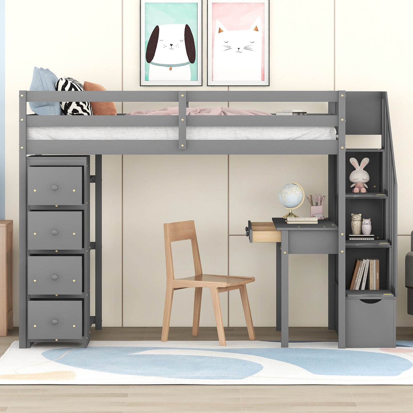 Twin Size Loft Bed With Storage Drawers, Desk And Stairs With Shelves - Gray