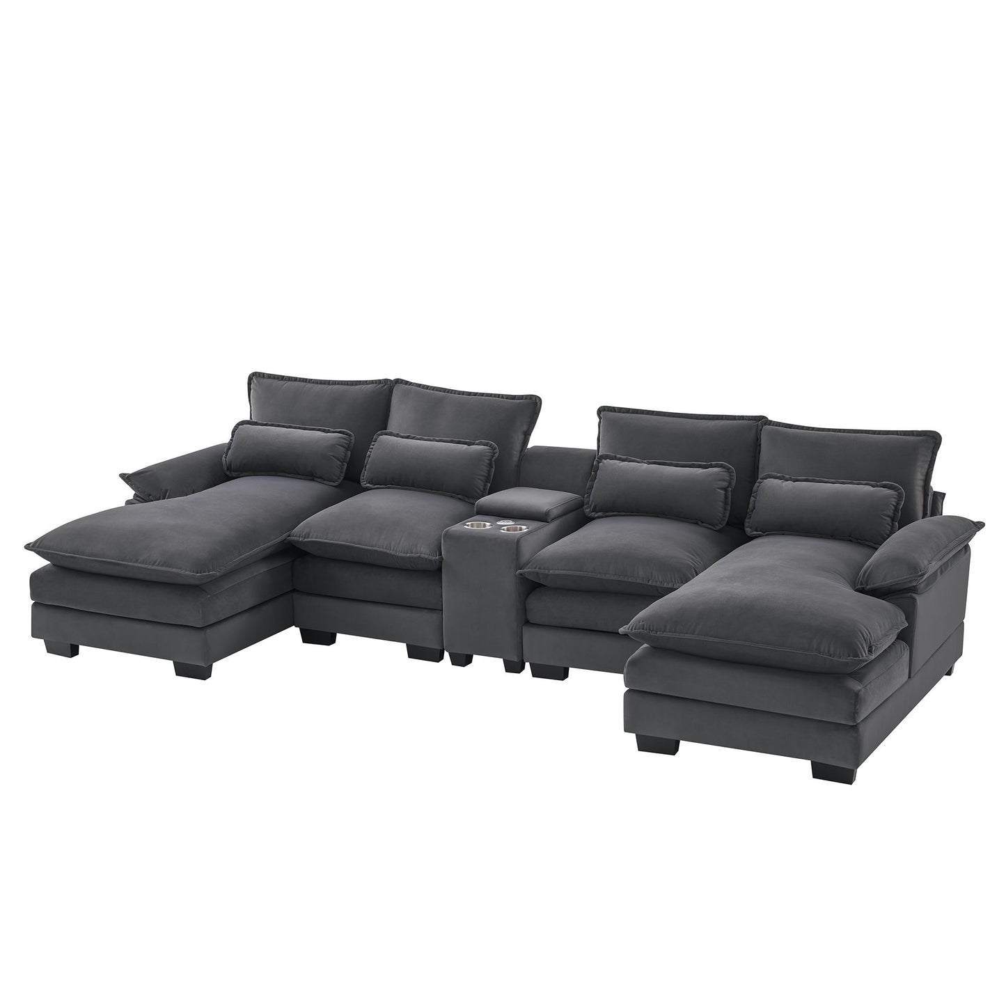 Modern U Shaped Sofa With Console, Cupholders And USB Ports, 6 Seat Upholstered Symmetrical Indoor Furniture, Sleeper Couch Set With Chaise - Gray
