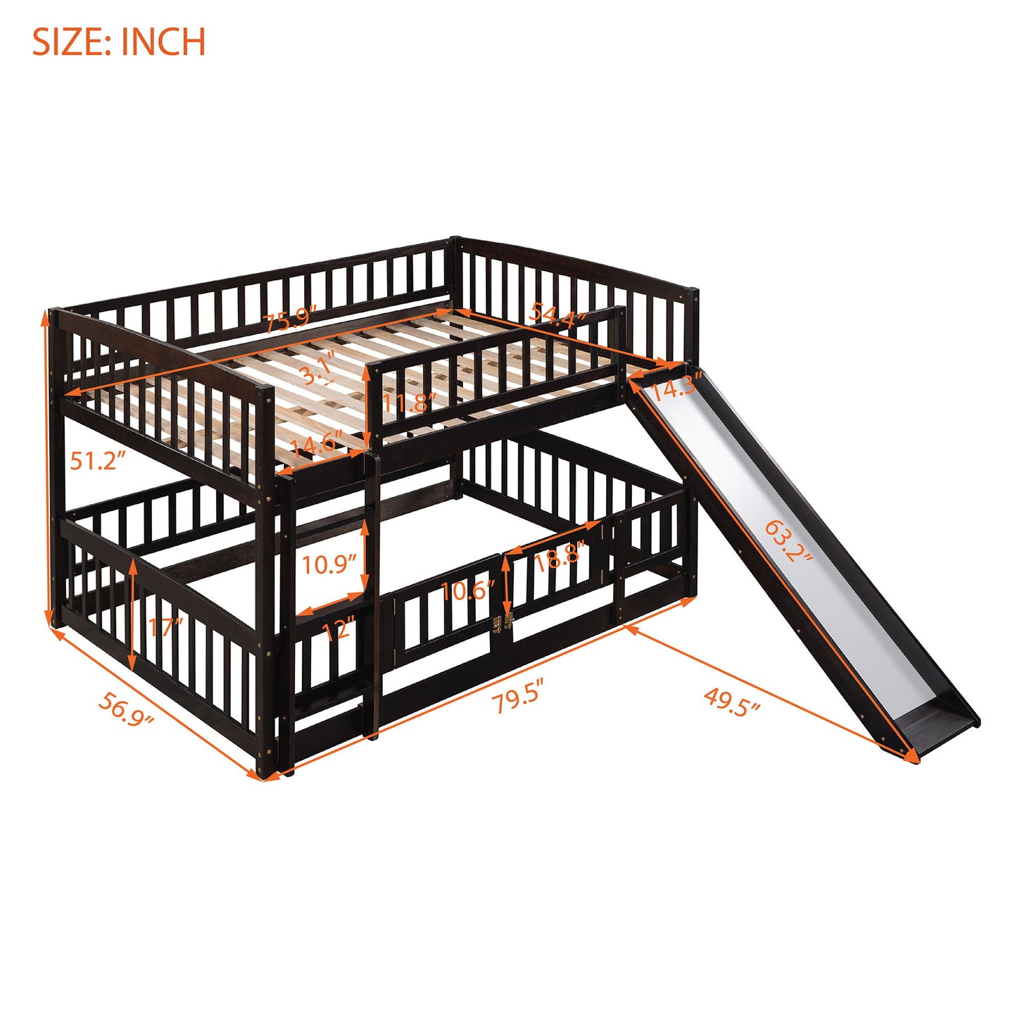 Full Over Full Low Bunk Bed With Slide, Fence And Ladder For Toddler - Espresso