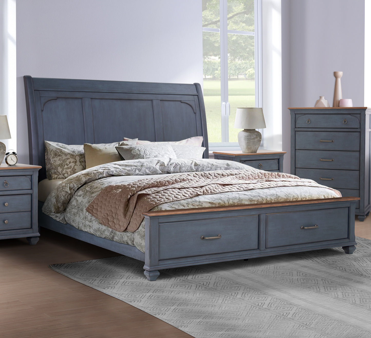 Americana - King Size Sleigh Bed - Blue