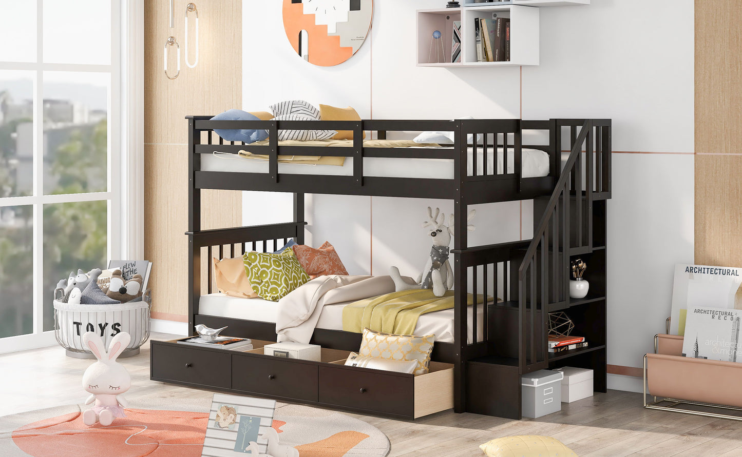 Stairway Twin Over Twin Bunk Bed With Three Drawers For Bedroom - Espresso
