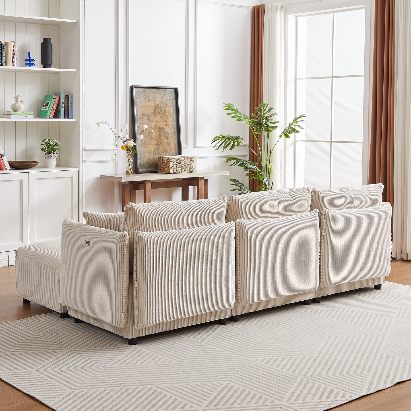 Multi Module Combination Style Sofa For Living Room And Other Lounge Spaces, Modern Minimalist Corduroy Combination Sofa With 2 Comfort Cushions With USB & C Charging Ports, 2 Sets - Beige