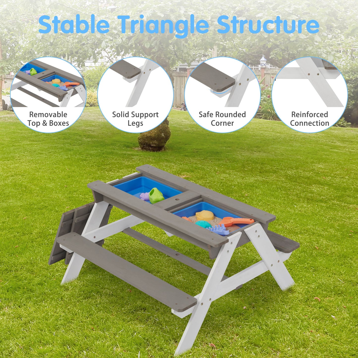 3-In-1 Kids Outdoor Wooden Picnic Table With Umbrella, Convertible Sand & Water, ASTM & CPSIA Certification - Gray