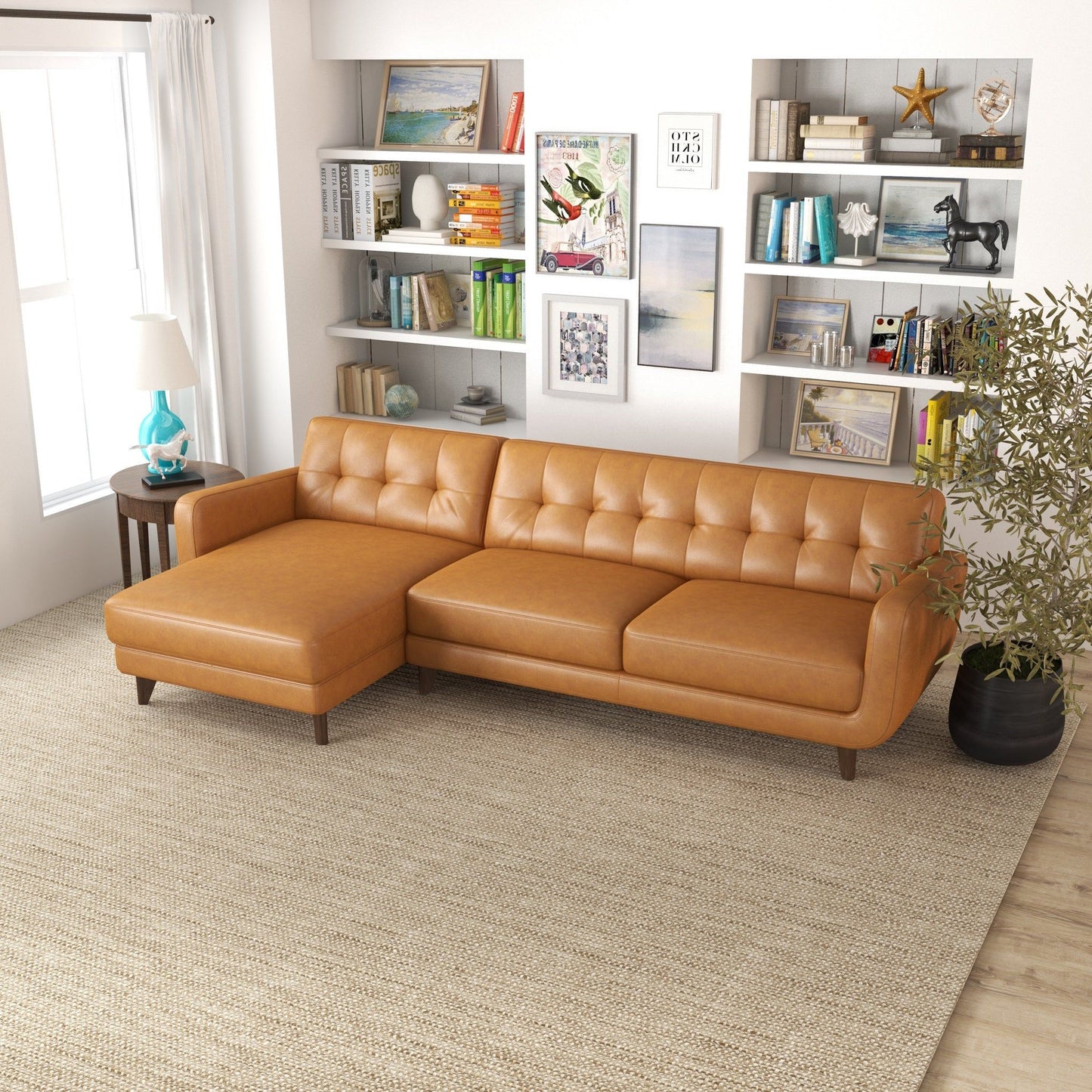 Allison - Left Facing Leather Sectional Sofa - Tan