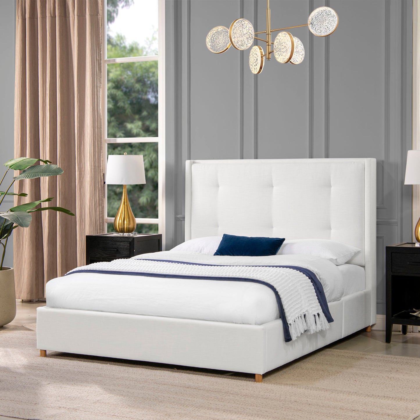 Miramar - Queen Cushion Back Headboard Platform Bed Frame - Antique White