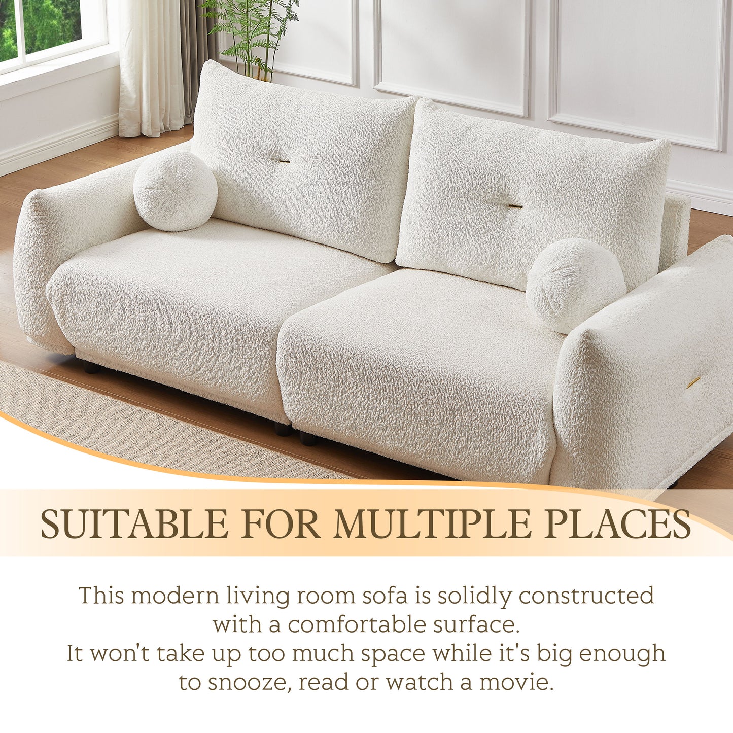 Lamb's Wool 2 Seater Cushion Sofa Comfortable Sofa For Living Room Bedroom And Other Casual Spaces Lamb's Wool Sofa With 2 Cushions And 2 Ball Pillows - White