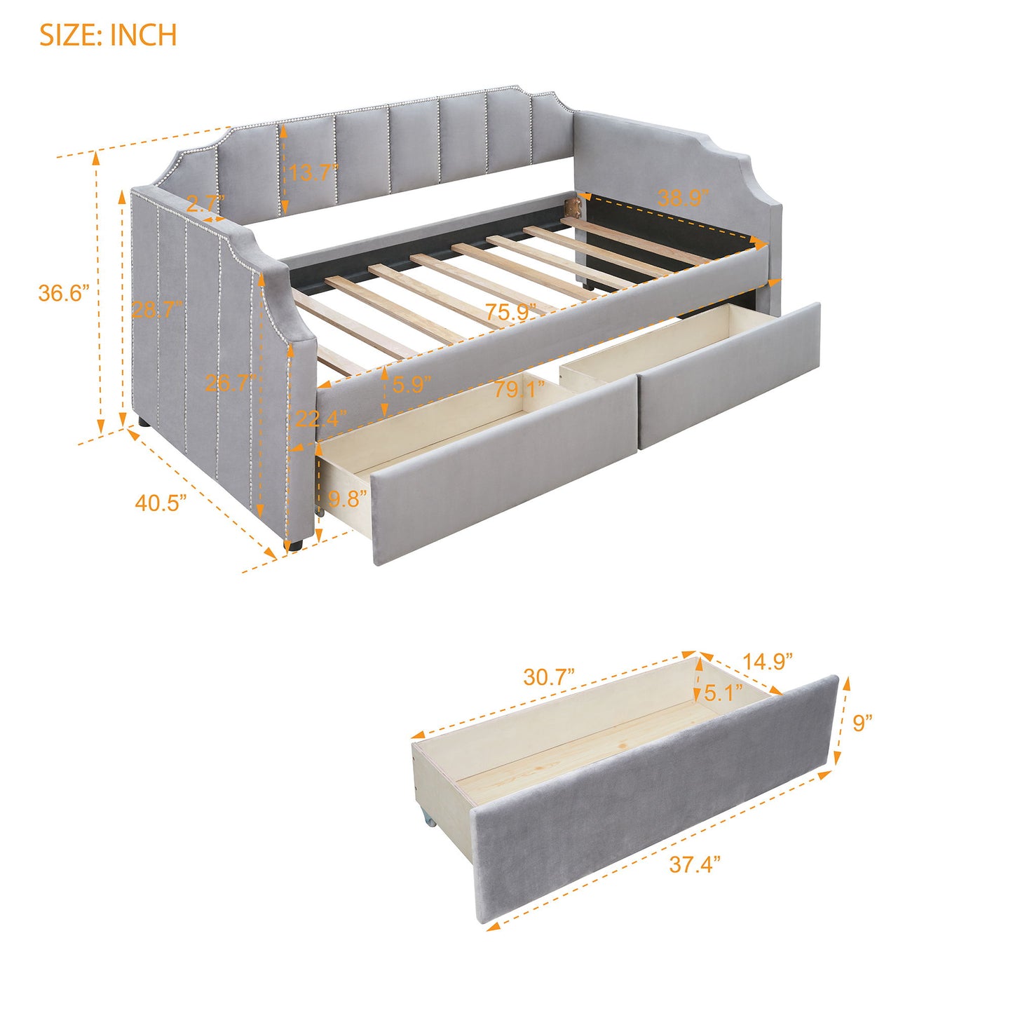 Twin Size Upholstered Classic Daybed With Drawers, Slat Support - Gray