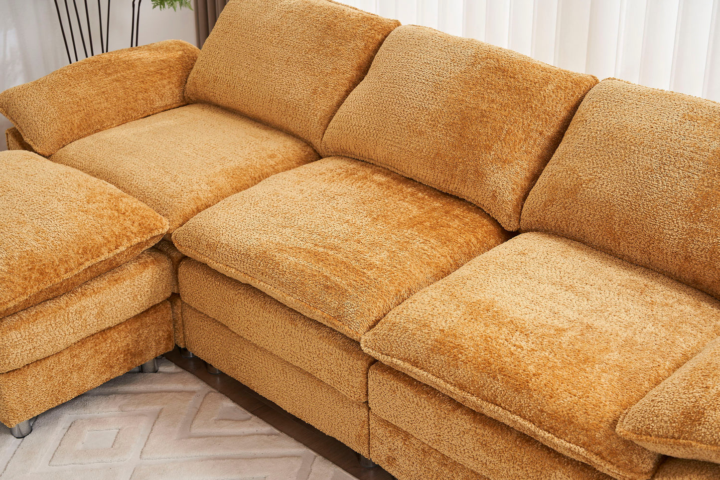 Modern Deep 3 Seat Sofa Couch With Ottoman, Polyester Sofa Sleeper Comfy Upholstered Furniture For Living Room - Yellow