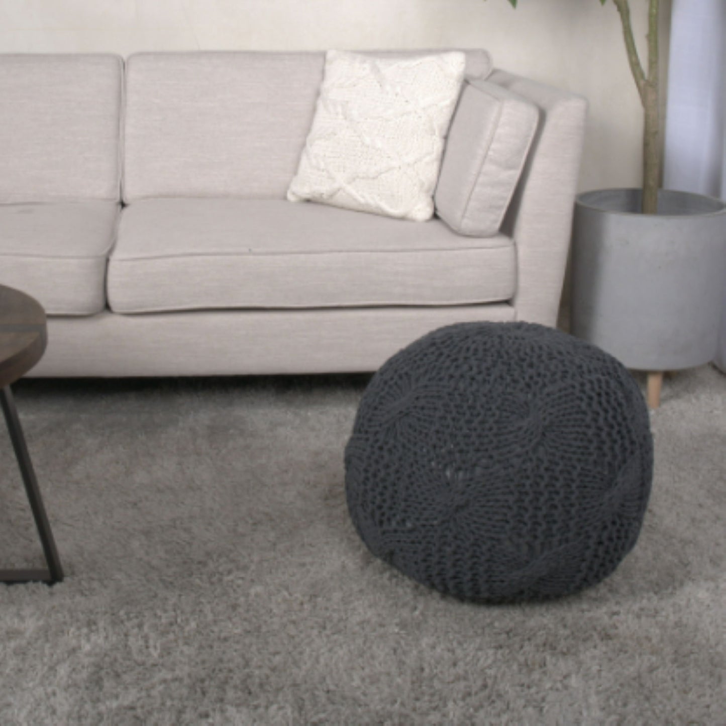 Bordeaux - Knitted Cotton Round Pouf, Multi Purpose Home Accessory - Dark Gray