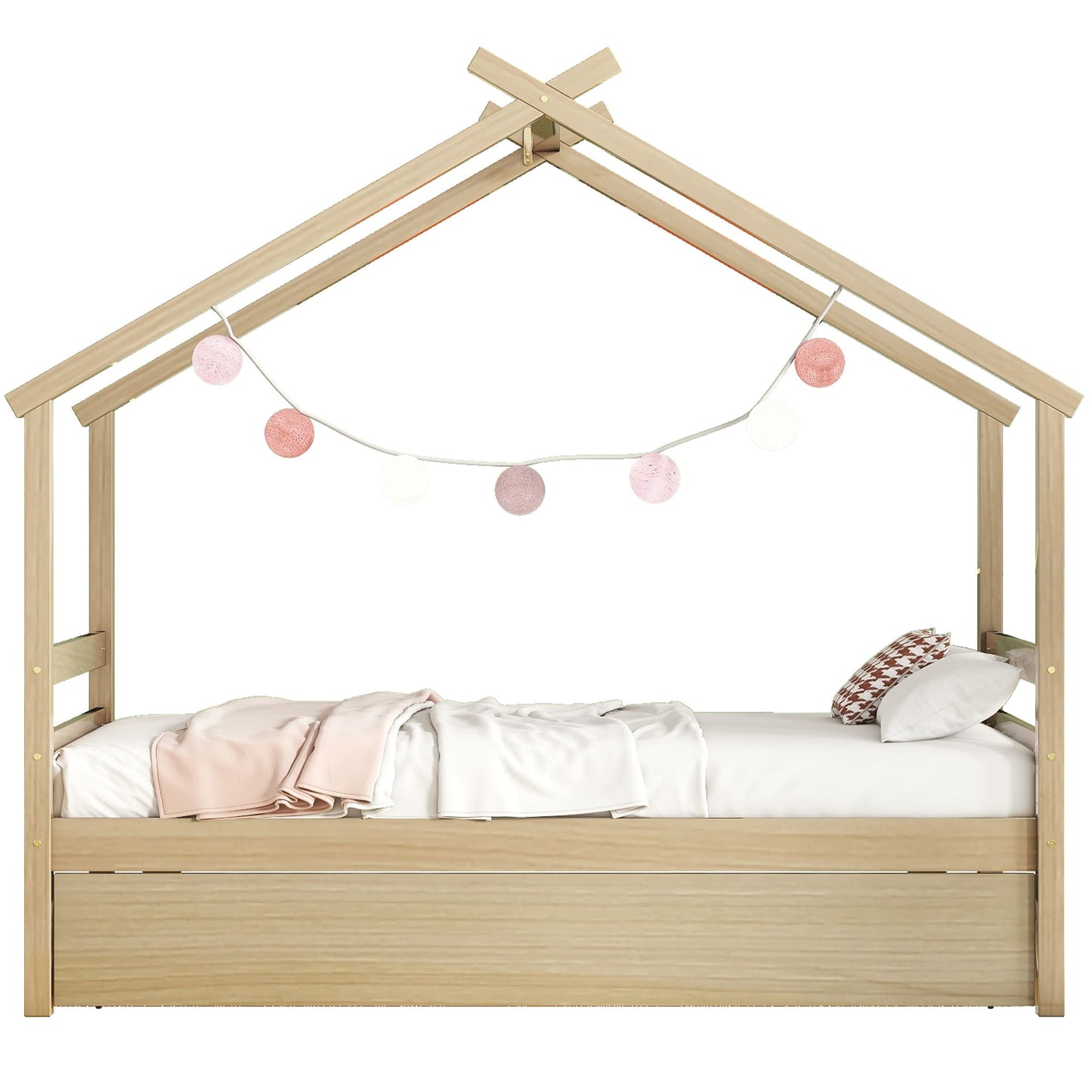 Twin Size House-Shaped Bed With Trundle - Natural
