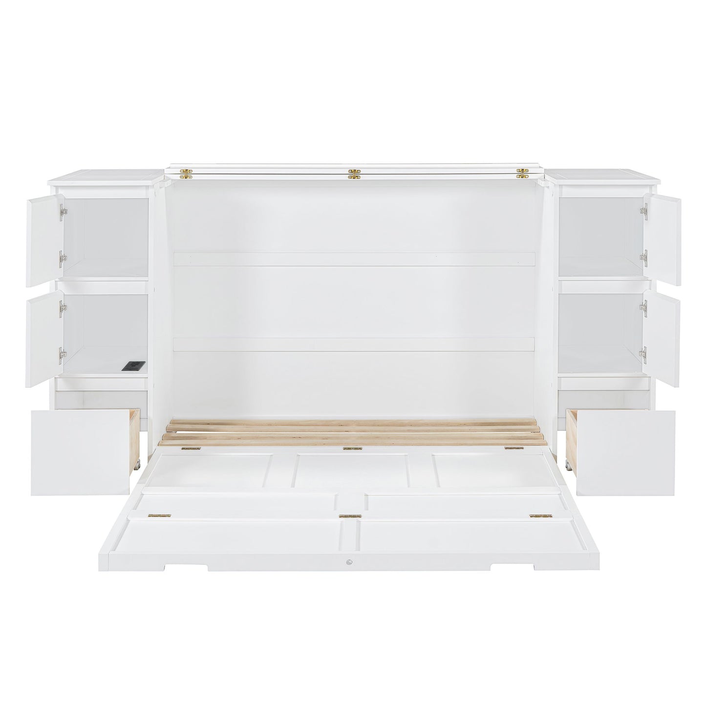 Full Size Murphy Bed With Drawers, Cabinets And USB Ports - White
