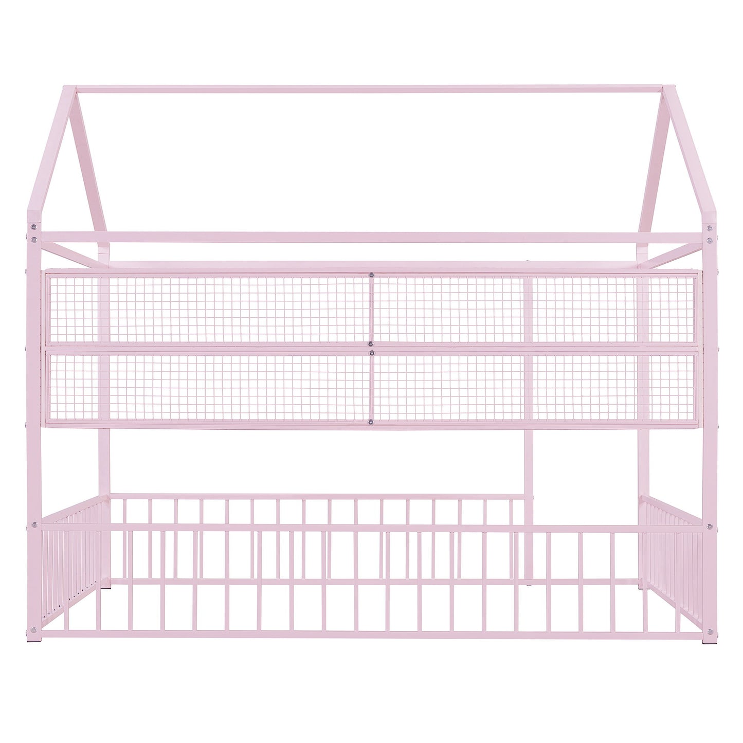 Full Size Bed House Frame With Fence And Shelves - Pink