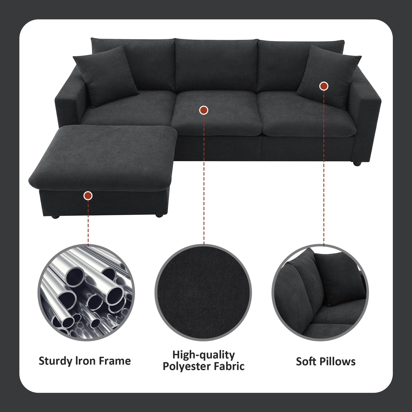 Modern Sectional Sofa, L-Shaped Couch Set With 2 Free Pillows, 4 Seat Polyester Fabric Couch Set With Convertible Ottoman - Black