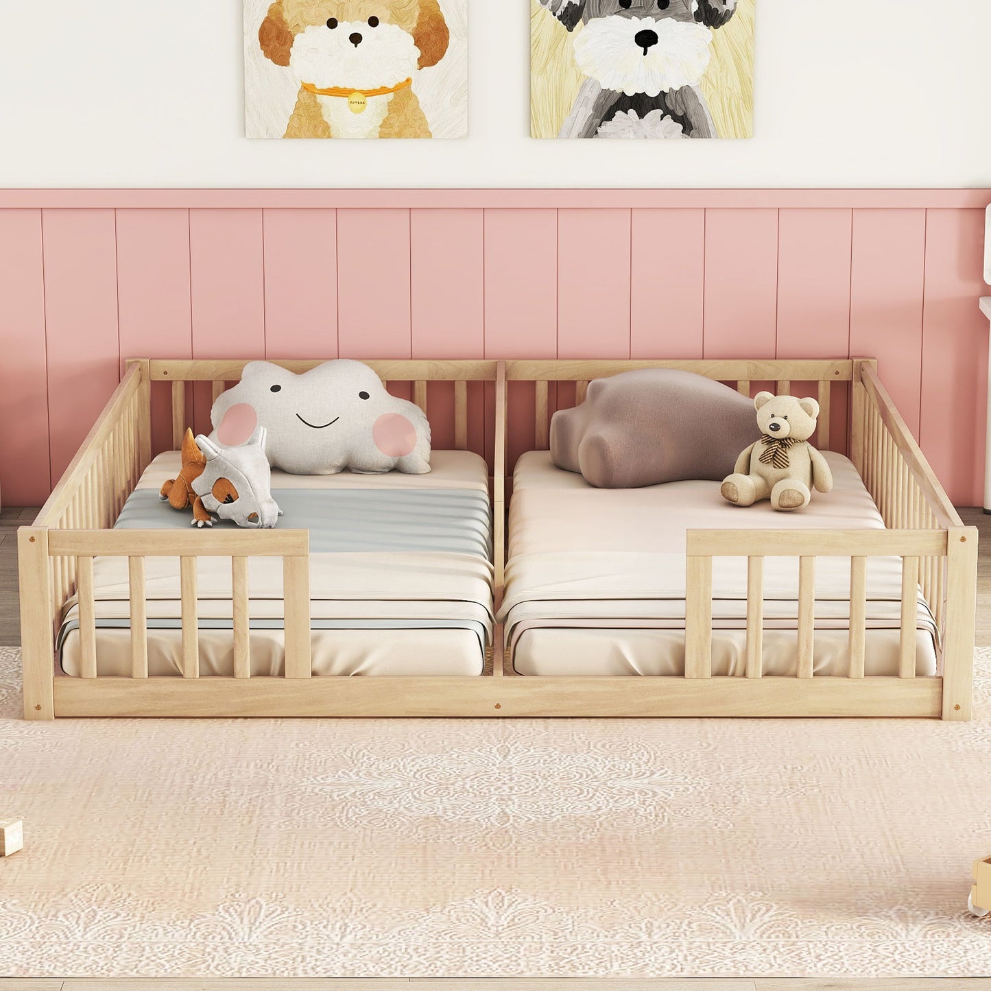 Double Twin Floor Bed With Fence, Guardrails, Without Door - Natural