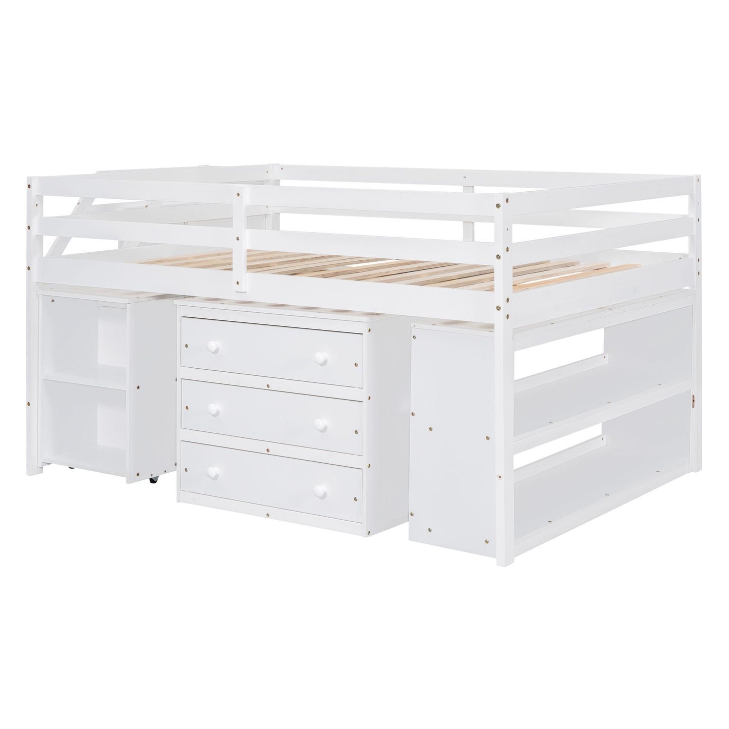 Full Size Loft Bed With Retractable Writing Desk And 3 Drawers With Storage Stairs And Shelves - White