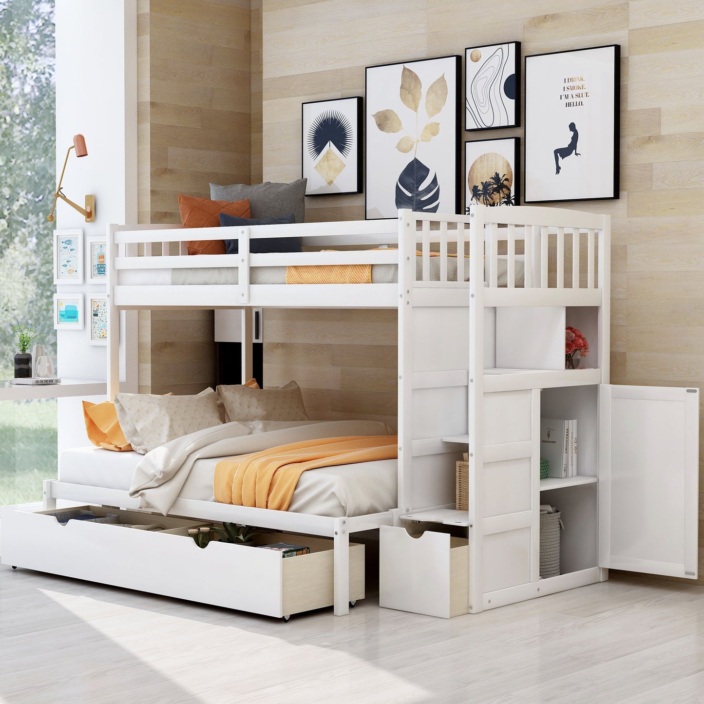 Twin Over Full / Twin Bunk Bed, Convertible Bottom Bed, Storage Shelves And Drawers - White