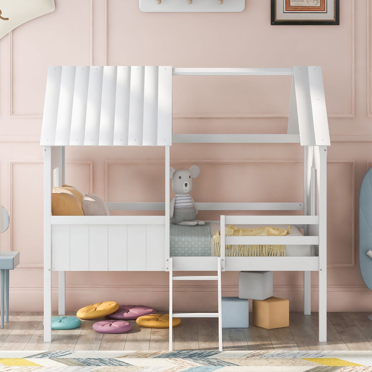 Twin Size Low Loft House Bed With Two Side Windows - White