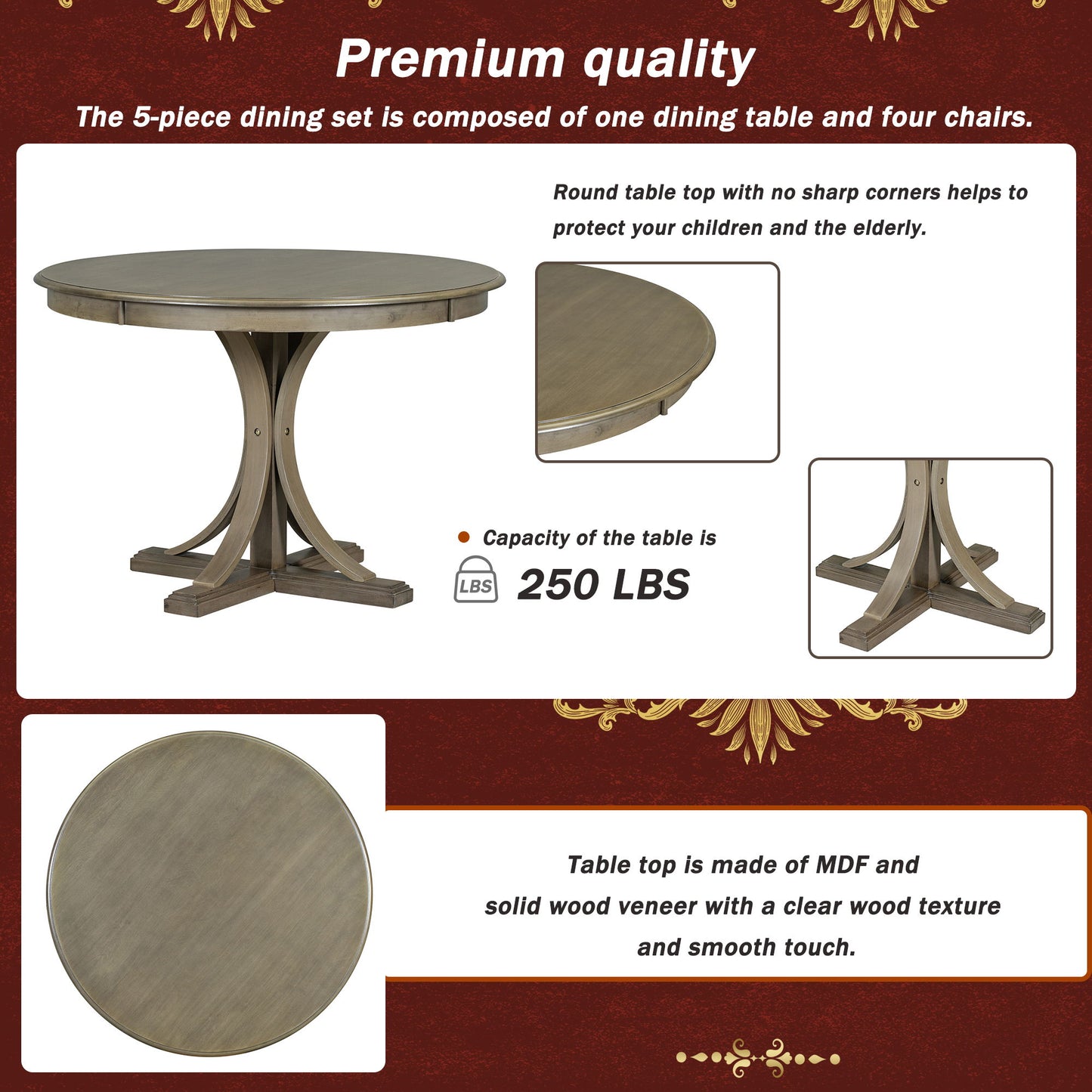 5 Piece Retro Round Dining Table Set With Curved Trestle Style Table Legs And 4 Upholstered Chairs For Dining Room - Taupe