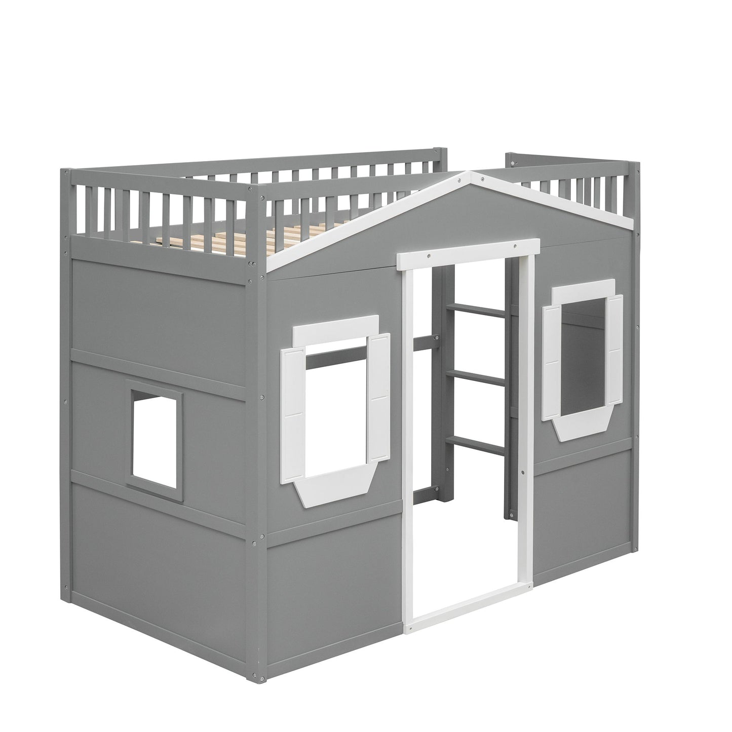 Twin Size House Loft Bed With Ladder - Gray / White