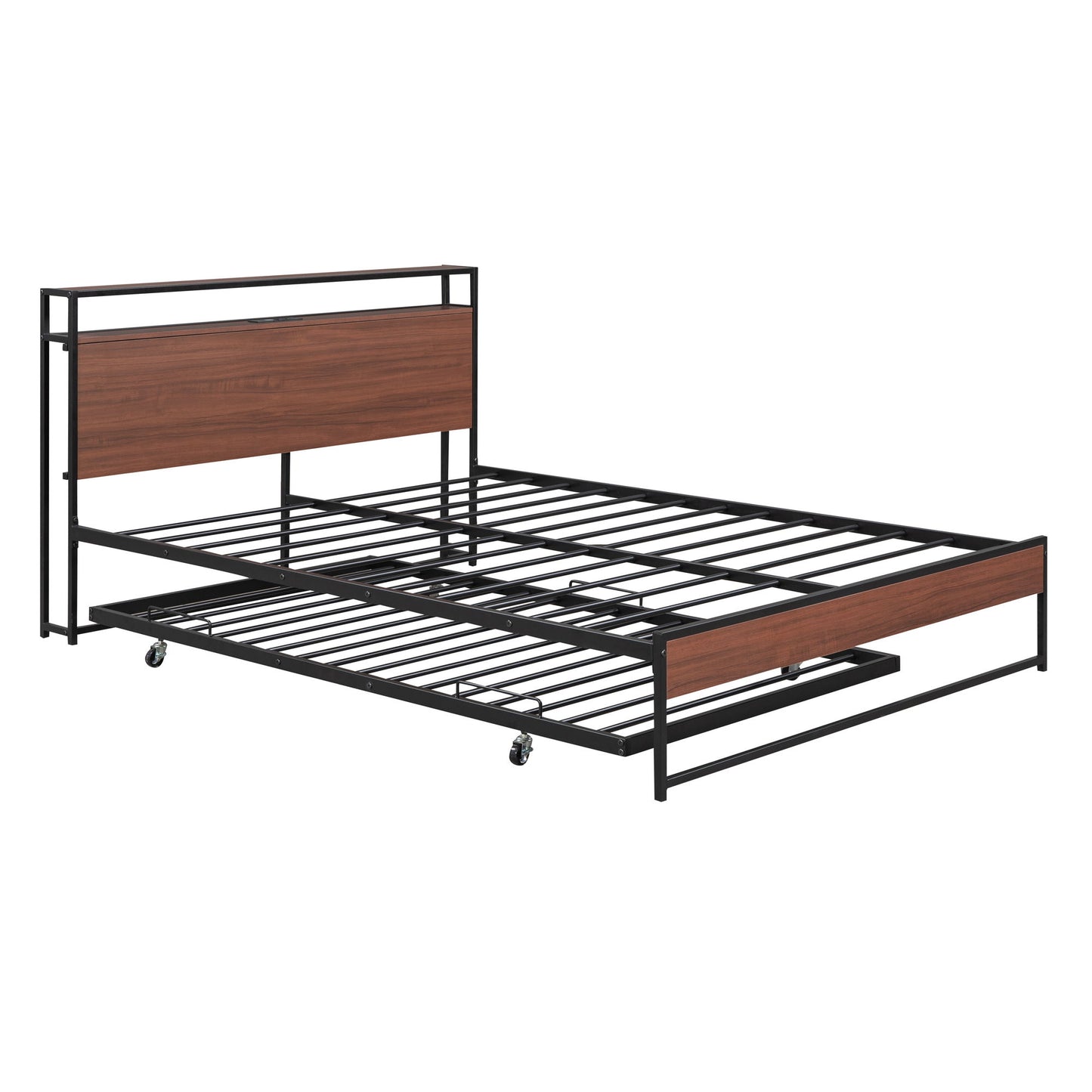 Queen Size Platform Bed Frame With Trundle, USB Ports And Slat Support, No Box Spring Needed - Black