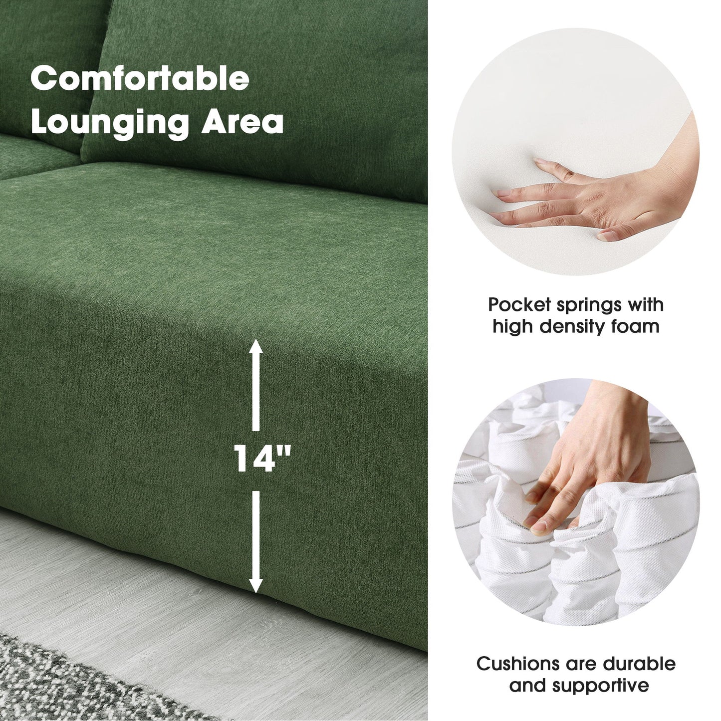 Modular Sectional Living Room Sofa Set, Modern Minimalist Style Couch, Upholstered Sleeper Sofa Salon, 2 Piece Free Combination, L-Shape - Green
