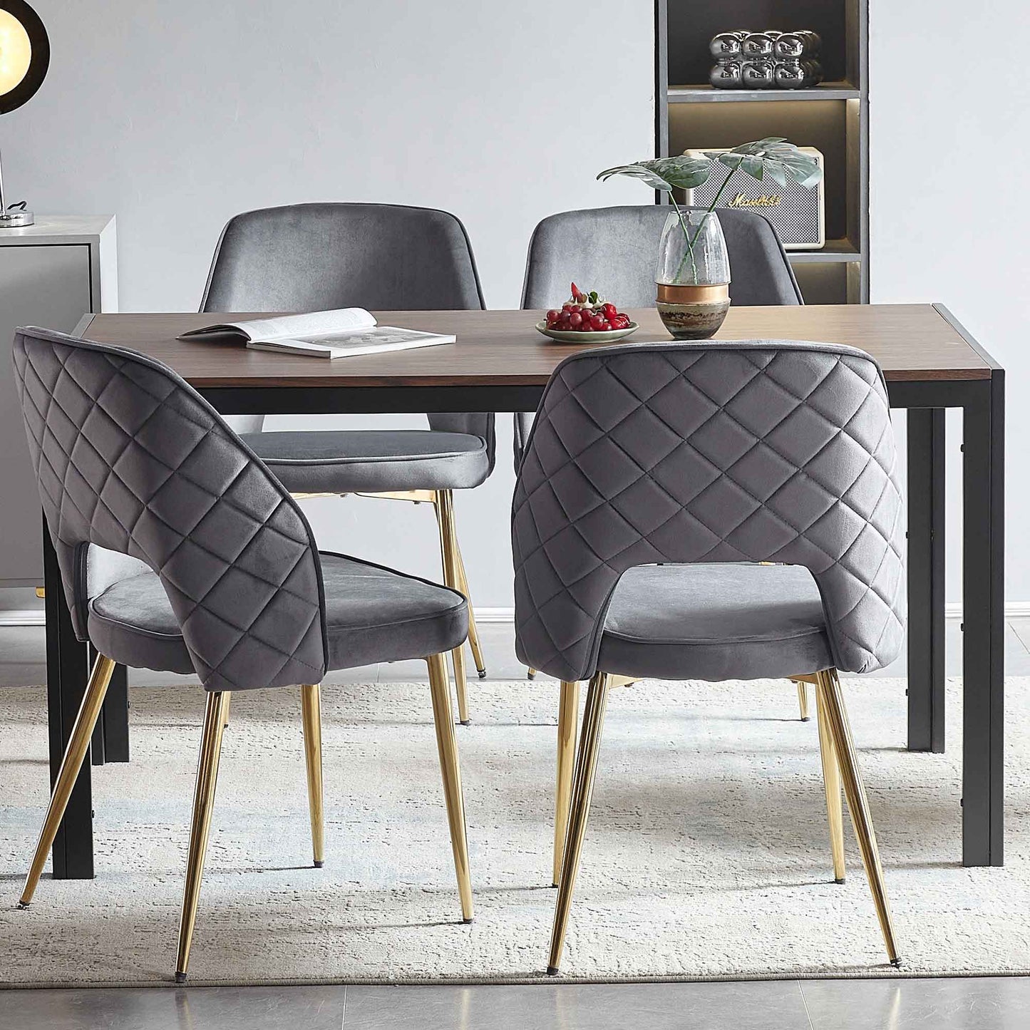 Velvet Dining Chairs With Metal Legs And Hollow Back Upholstered Dining Chairs (Set of 4) - Gray