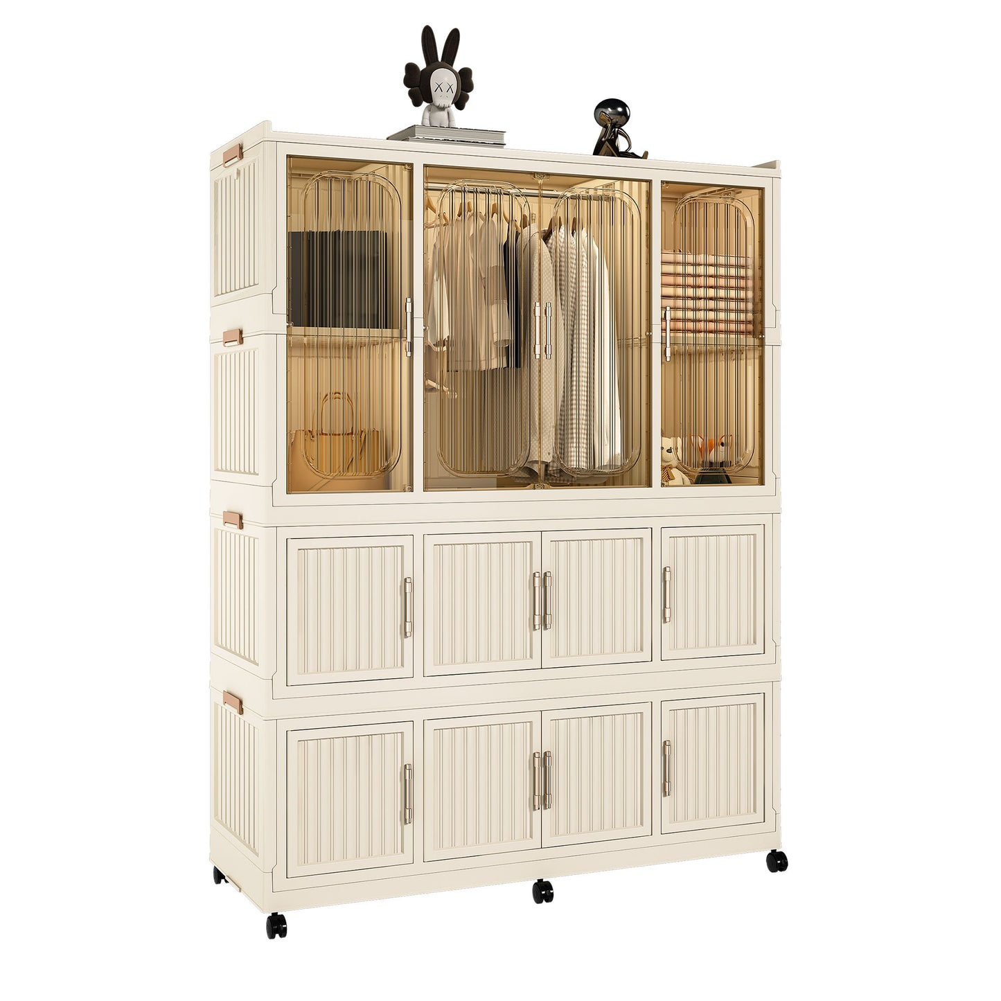 Portable Wardrobe Closet Storage Organizer With 12 Magnetic Doors, 12 Cubes & Hanging Rod - White