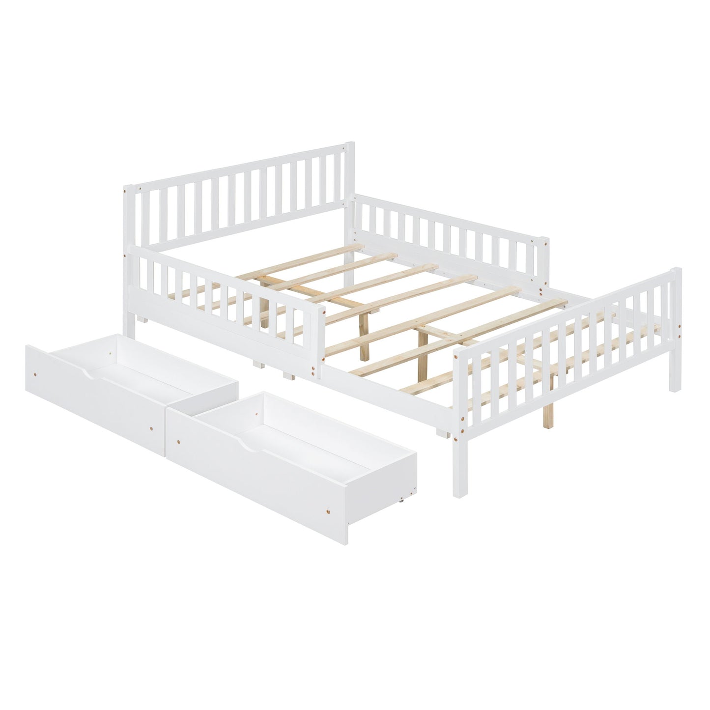 Full Size Platform Bed With Guardrails On Both Sides And 2 Storage Drawers - White
