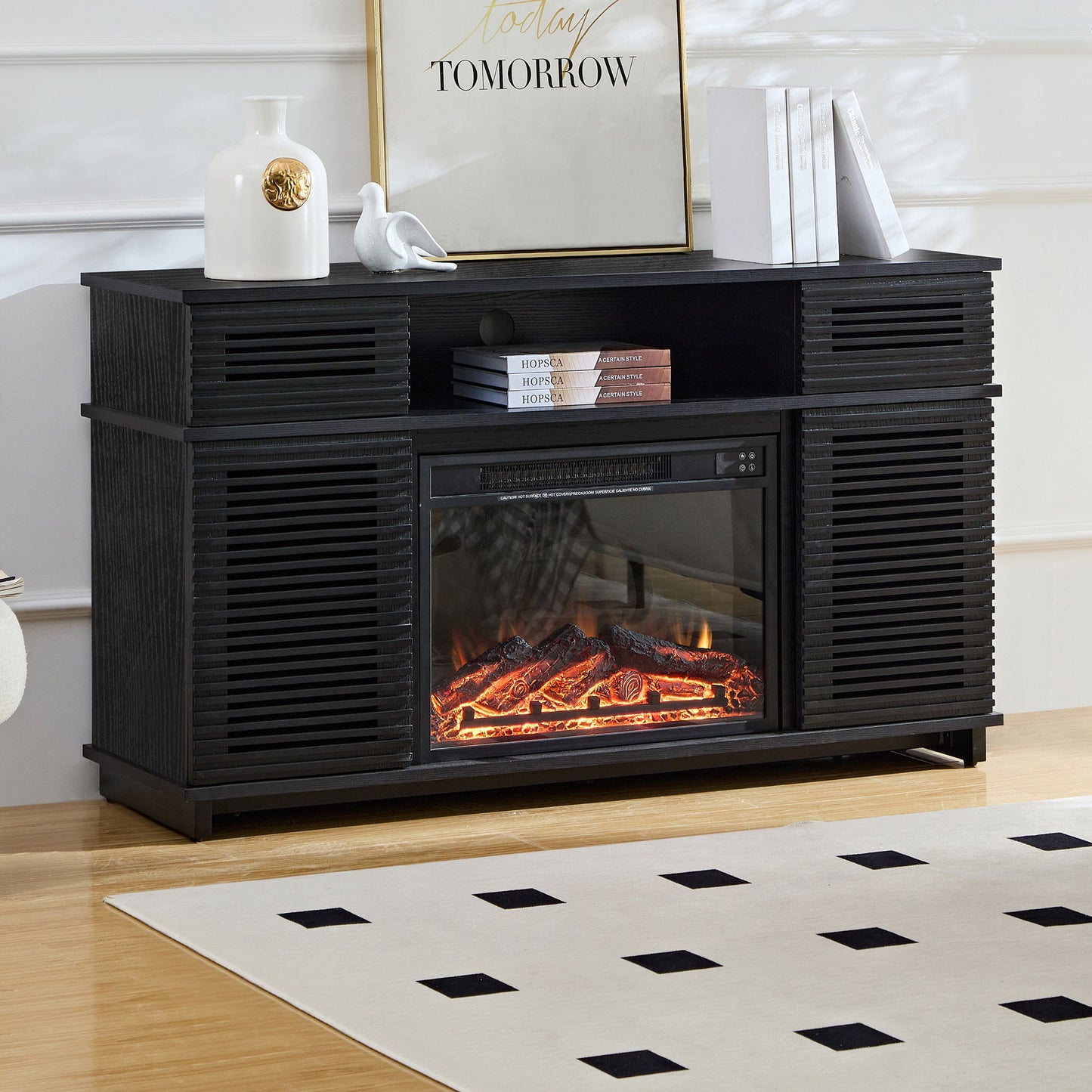 Modern Wood Cabinet With Adjustable Shelves And Embedded Fireplace With Remote Control - Black Oak