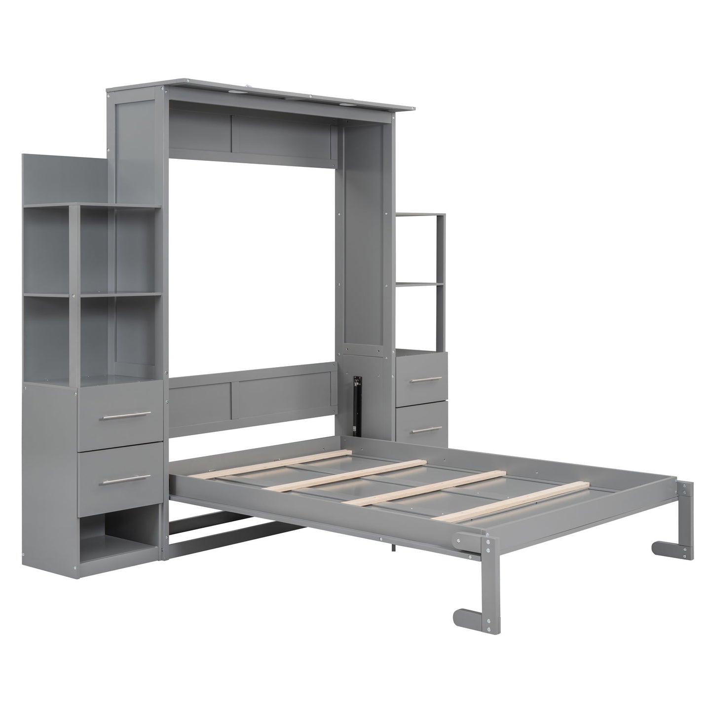 Full Size Murphy Wall Bed With Shelves, Drawers And LED Lights - Gray