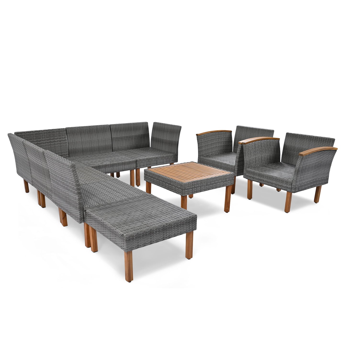 9 Piece Patio Rattan Furniture Set, Outdoor Conversation Set With Acacia Wood Legs And Tabletop, PE Rattan Sectional Sofa Set With Coffee Table, Washable Cushion - Gray